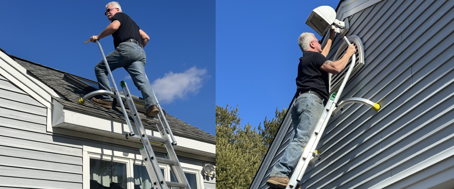 man climbing on ladder stabilizer